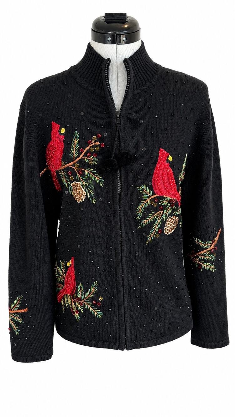 Vintage 100% Cotton Beaded Cardinal Sweater Cardigan